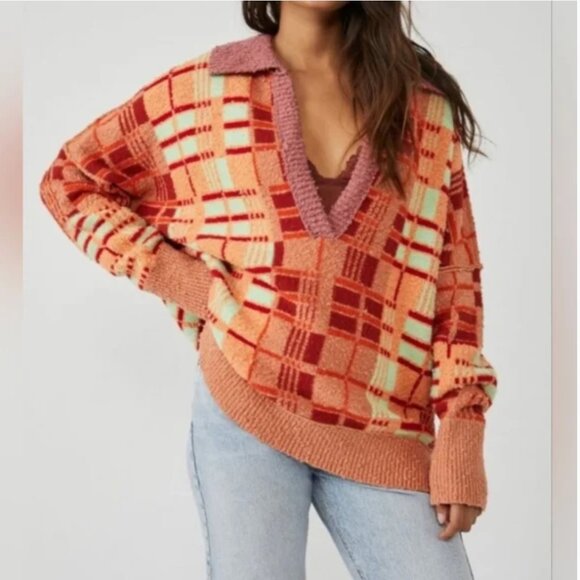 Free People Ruben Autumn Sunset Combo Plaid Oversized Sweater size M - Picture 1 of 9